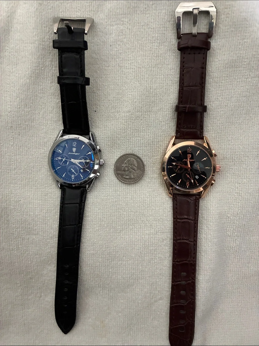 Poedagar Classic Leather Strap Watches- Black/Blue and Brown/Copper. Set of 2